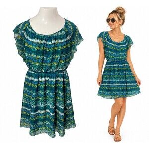 Enfocus Dress Womens Sz 16W Green Blouson Tribal Chevron Work Officecore Church